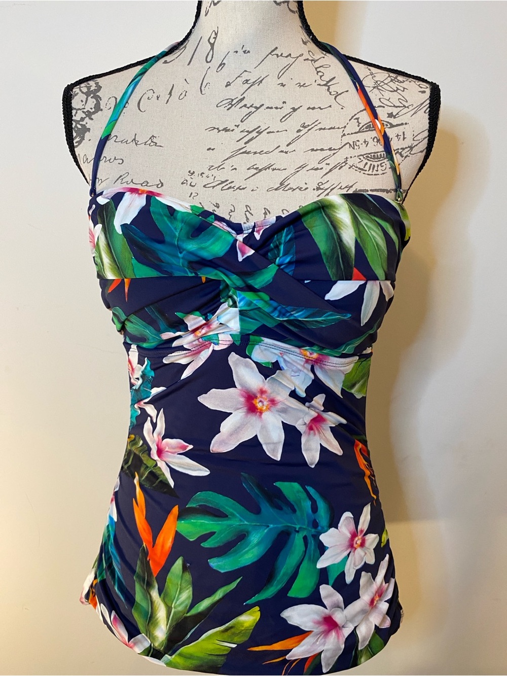 Lauren Ralph Lauren Navy Tropical Floral Swim Top with Green Leaves